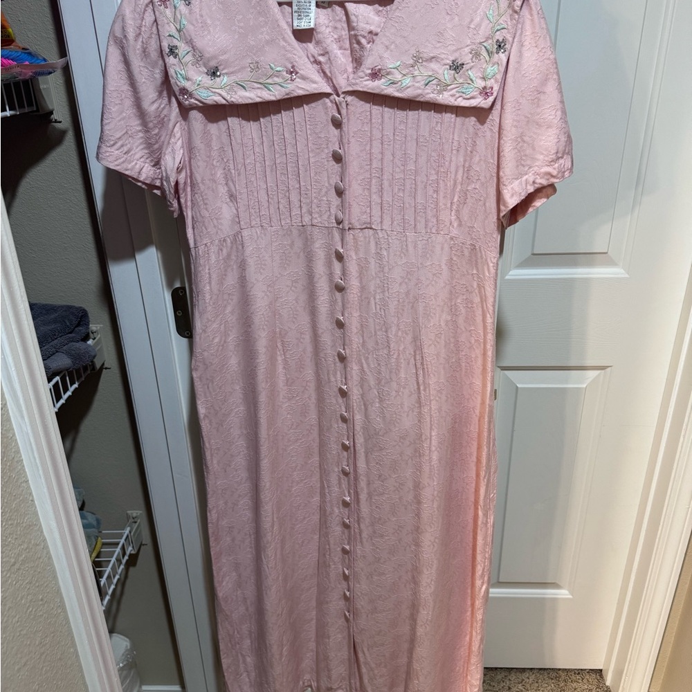 Vintage 1980s Karin Stevens Pink Maxi Dress | Cottagecore | Beaded rayon